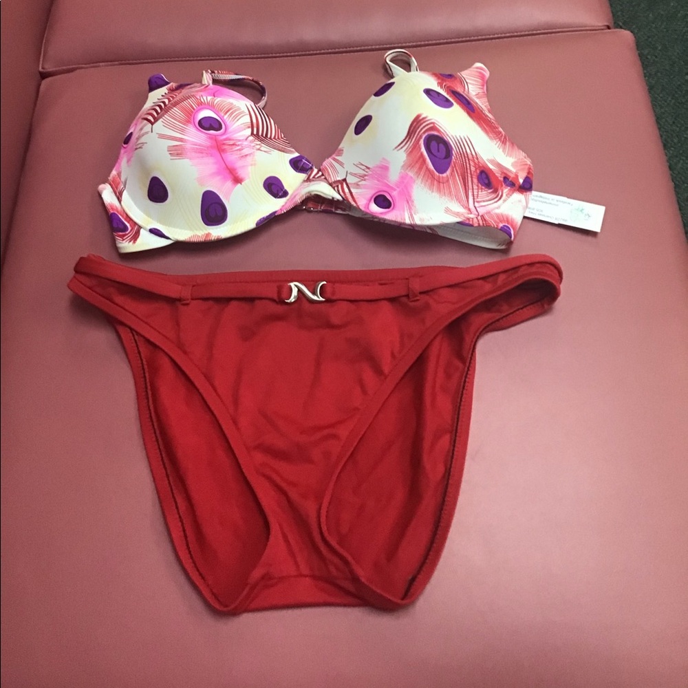 Antigua bikini top L red pink peacock bottom Mossimo Med red new with